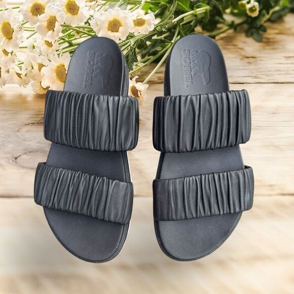 Sorel Women's Roaming Two Strap Slides Black Size 7.5 Leather Sandals - Picture 8 of 16